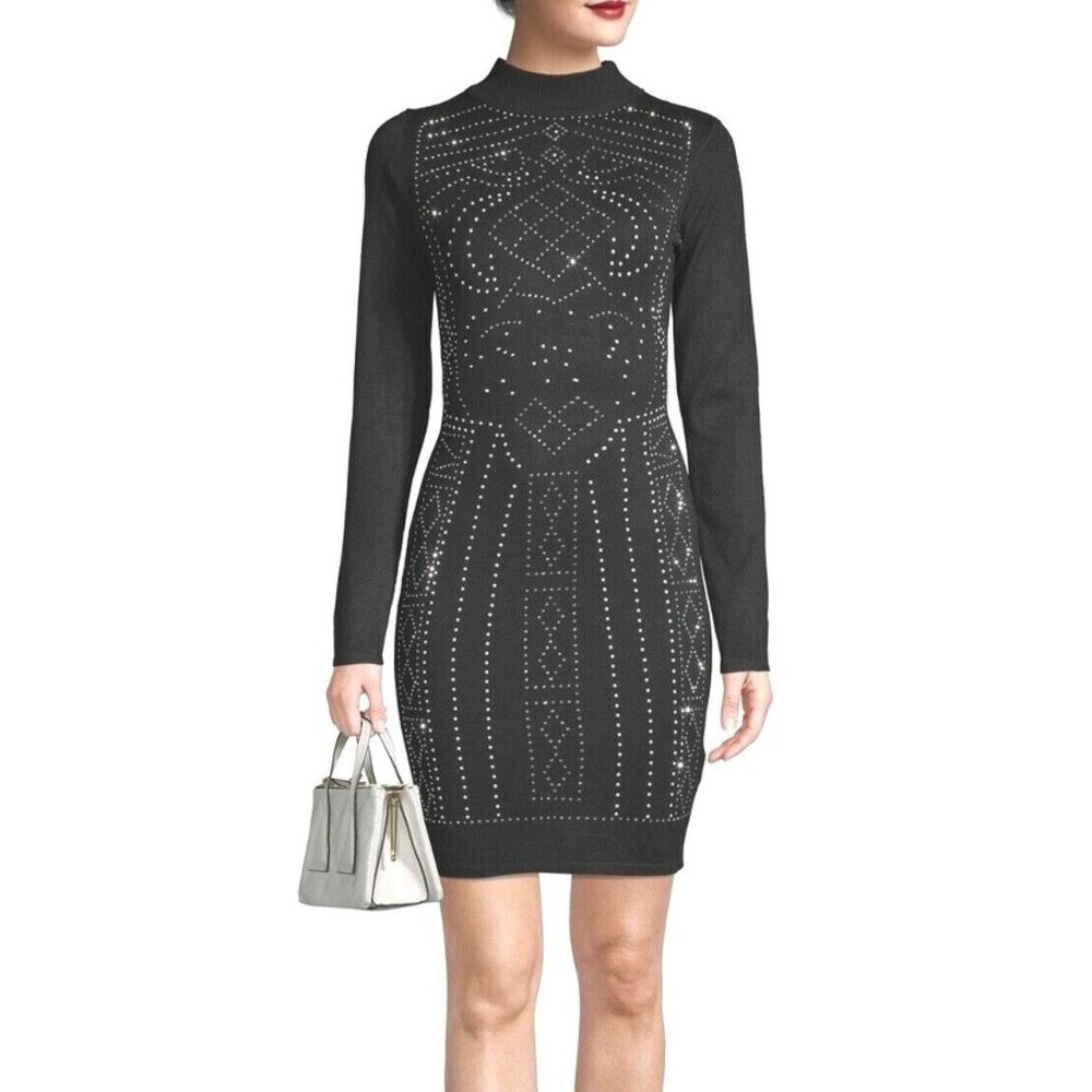 Say What Long Sleeve Mock Neck Heat Seal Stone Dress Black S